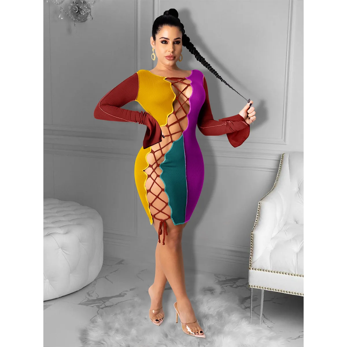 

Dress2021 осеннее Новое поступление, модное платье контрастных цветов с круглым вырезом, галстуком и длинным рукавом, цельнокроеная юбка