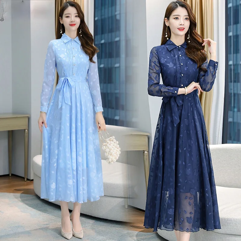

2021 Women Spring Autumn Casual Floral Printed ChiffonDress Female Long Sleeve Vintage Dress Bow Midi Length Dress Vestidos H181