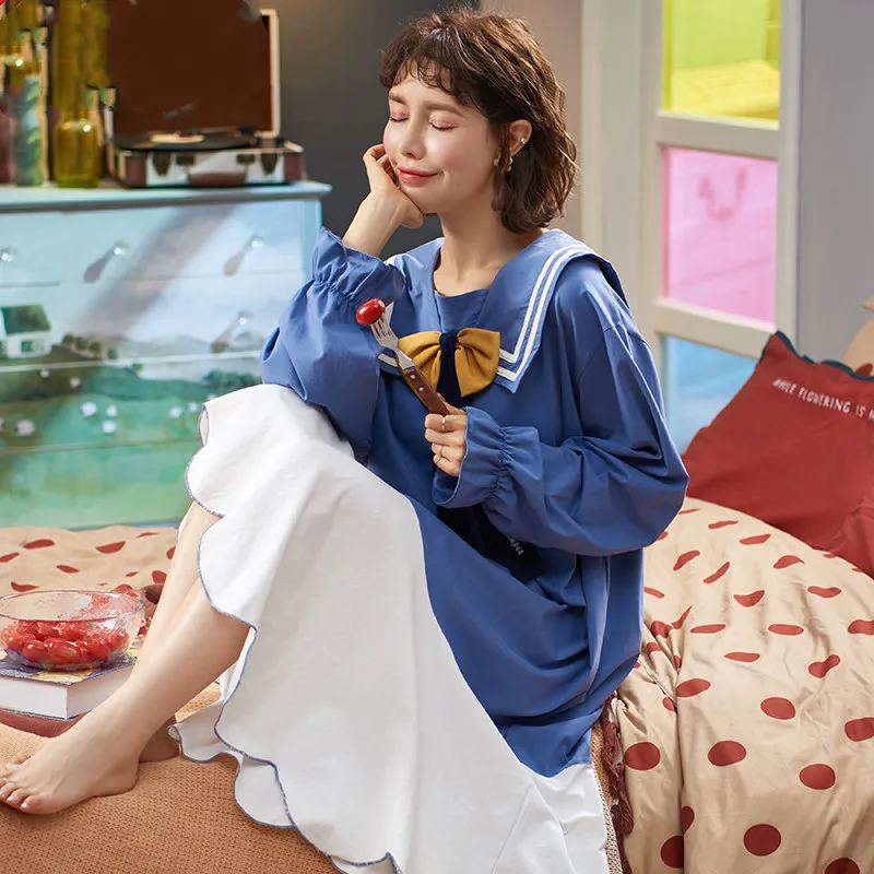 

2021 Spring and Summer Nightdress Women's Long-sleeved Pure Cotton Cute Princess Style Sleepwear Mid-length Sleeping Dress