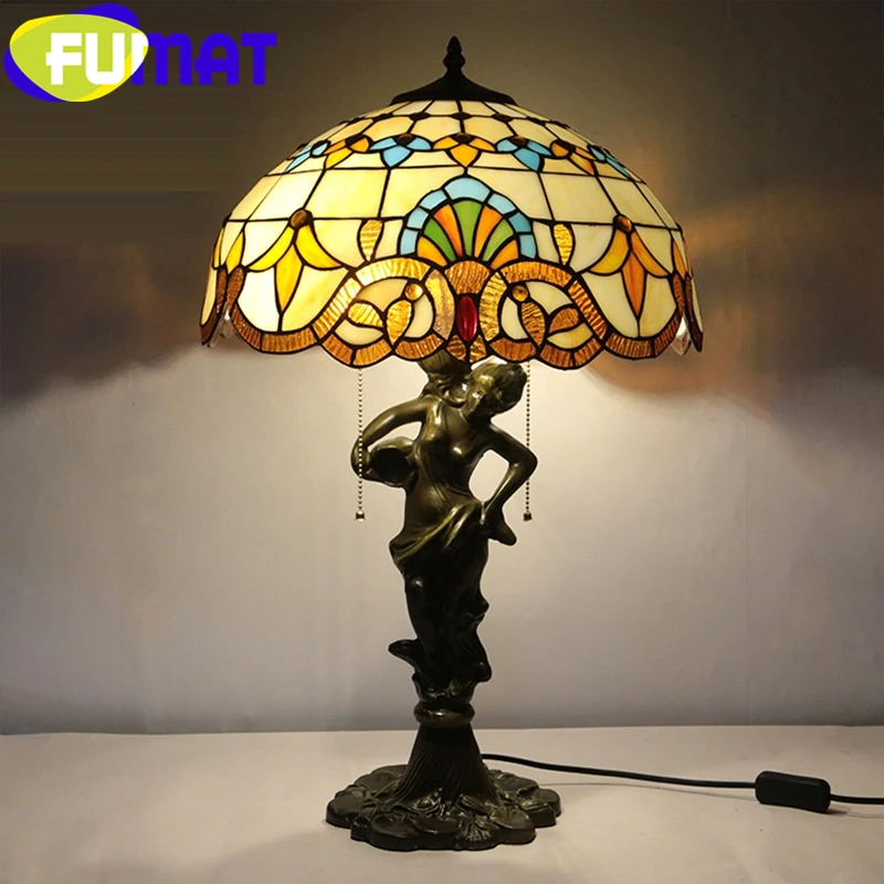 FUMAT Tiffany Style Table Lamp Stained Glass Angel Resin Multicolor Rose Flower Desk Light Home Decor Handcraft Art Lighting LED | Лампы и