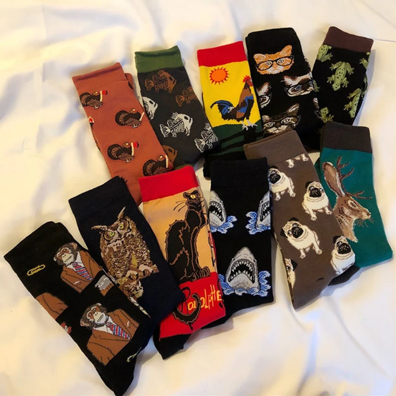 

AOMU 2021 3Pairs/Set Cartoon Animal Creative Socks Fashion Vintage Abstract Portrait Painting Cotton Stockings For Men Gifts