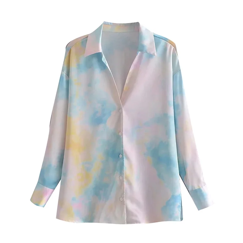 

Women 2021 Fashion Tie-Dye Print Loose Cozy Blouses Vintage Long Sleeve Button-up Female Shirts Chic Tops