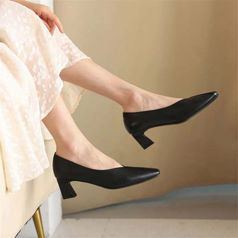 

MORAZORA 2021 New Arrival Women Pumps Thick Heels Square Toe Shallow Office Dress Shoes Summer Genuine Leather Pumps