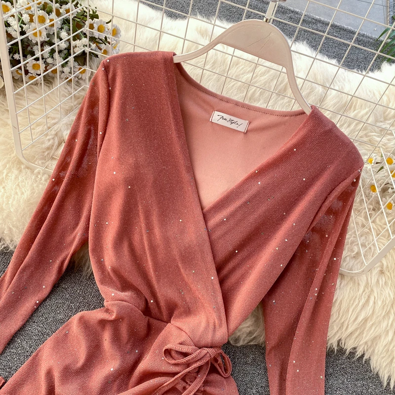 

2021 New Summer Casual Long Sleeve V-neck Dress Asymmetrical Ruffle Elegant High Waist Women Party Dress