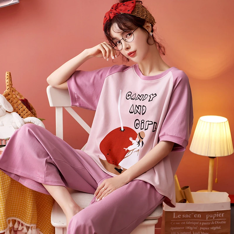 

Summer Cotton Home Casual Wear Suit Fashion Short-Sleeved Cropped Trousers Cute Cartoon Loose Comfortable Woman Casual Suit