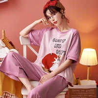 summer cotton home casual wear suit fashion short sleeved cropped trousers cute cartoon loose comfortable woman casual suit
