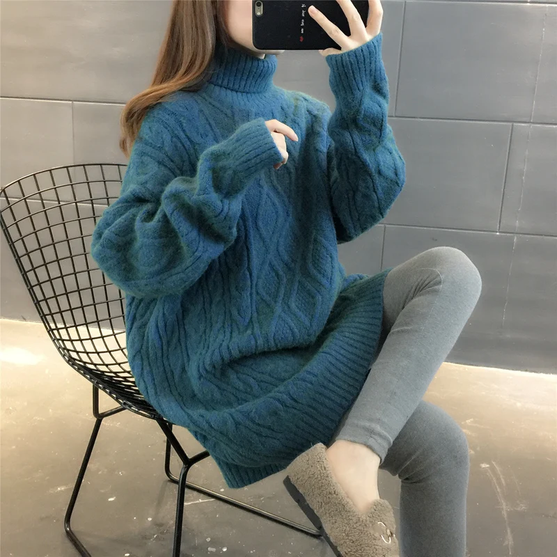 

2021 Autumn Winter New Pullover Women Turtleneck Knitted Sweater Korean Mid-Length Casual Pull Femme Loose Female Tops Tide G728