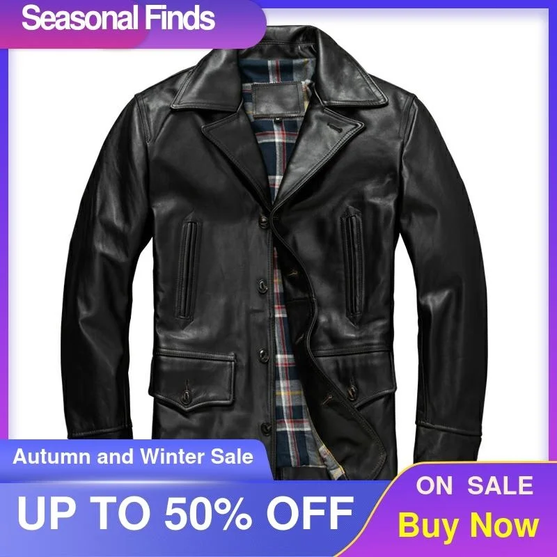 

Black 2021 Genuine Leather Jacket Men Casual Style Plus Size 5XL Real Natural Horsehide Autumn Slim Fit Pea Coat