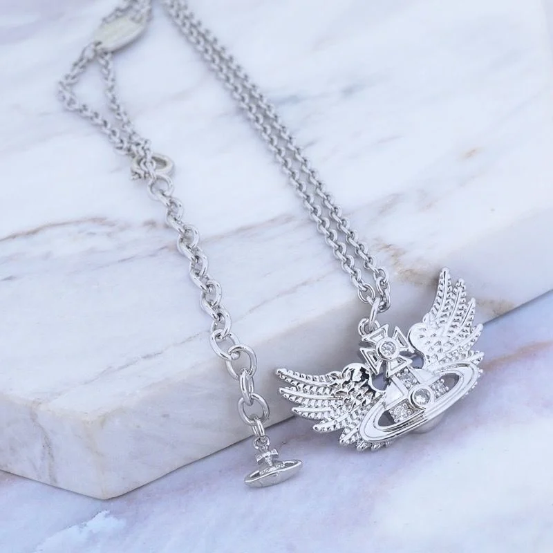 

Punk Fashion Angel Wings Planet Charm Necklace Guardian Retro Space Zircon Necklace Women Jewelry Birthday Party Gift