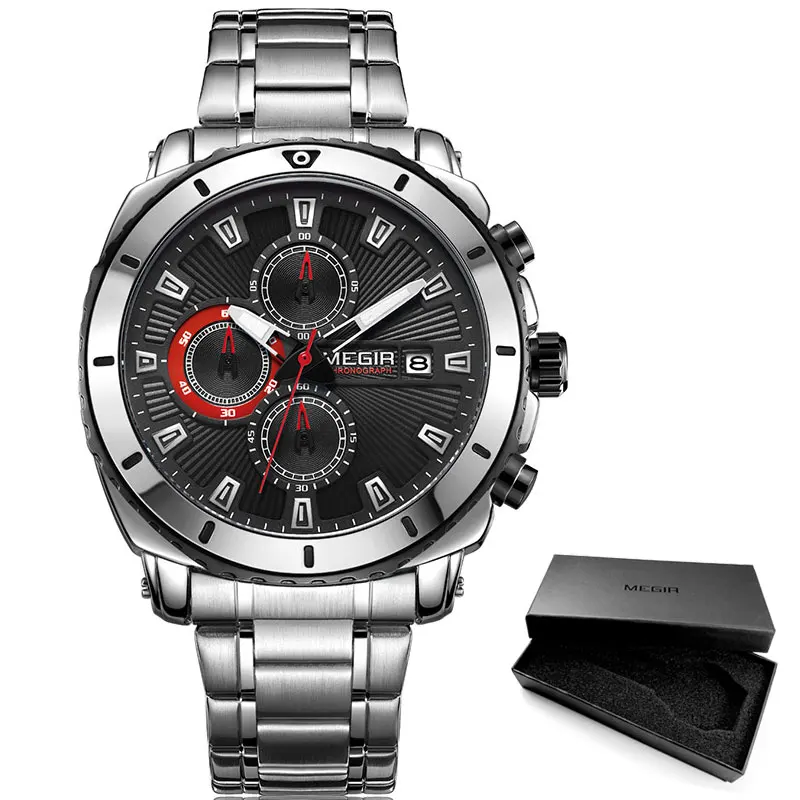 M2075G-Black MEGIR Мужские кварцевые часы с синим циферблатом и хронографом, Модные Аналоговые наручные часы из нержавеющей стали для мужчин, светящиеся стрелки 2075G-2 - Цвет: M2075G-Black
