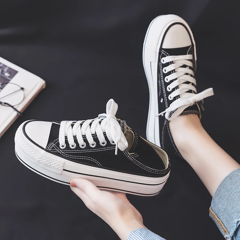 Кроссовки женские холщовые скрытая платформа повседневная обувь черные белые |