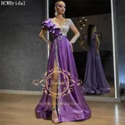 Женское атласное вечернее платье, фиолетовое саудовско-арабское платье с длинными рукавами, высоким разрезом и серебристыми кристаллами, размера плюс