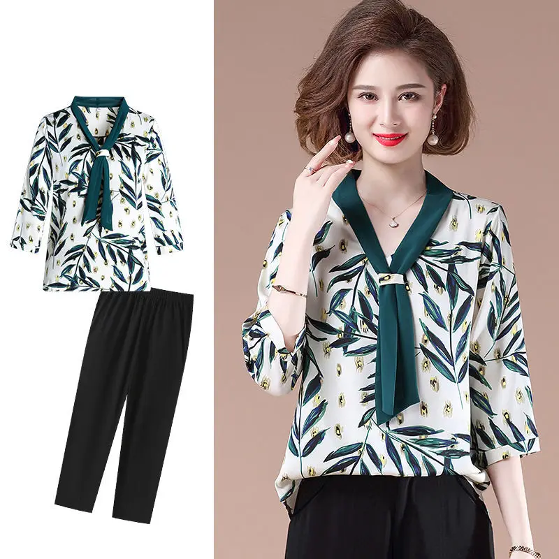 

Fashion Shirt And Pants Two-piece Suit Summer Plus Size Korean Elegant Wide-leg Pants Vintage Chiffon Floral Print Top Suit