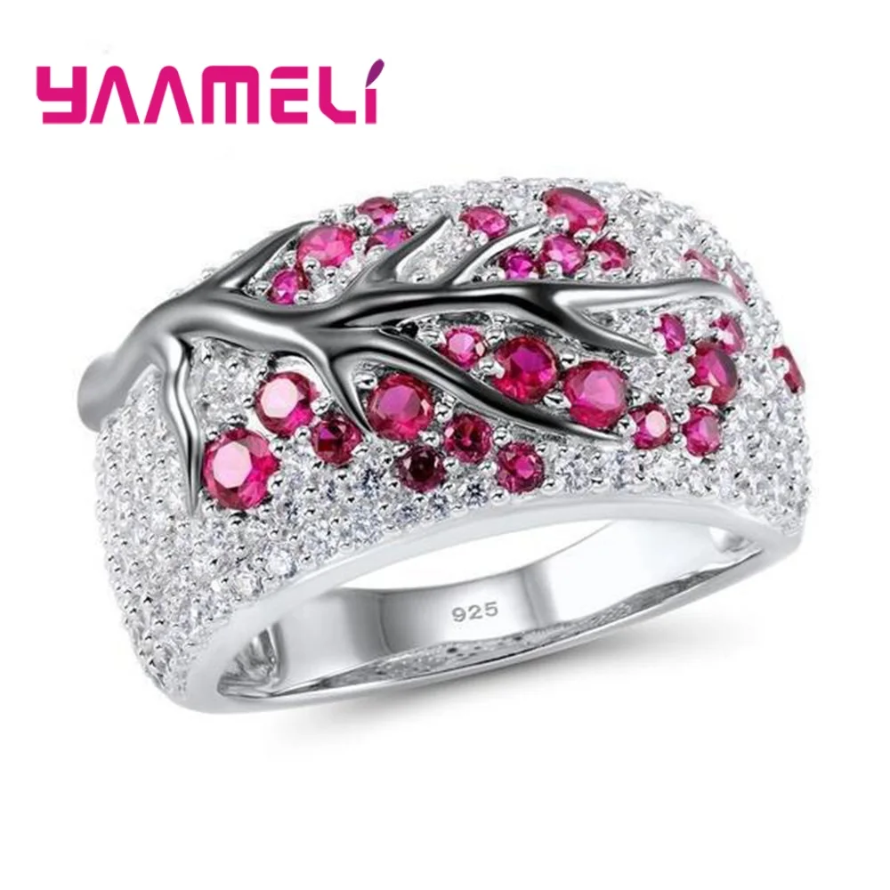 Fushia Новейшая мода 925 Серебряные кольца с широким диапазоном для мужчин и женщин унисекс Bague Древо жизни кубический циркон инкрустация проложили трендовые ювелирные изделия - Цвет основного камня: Fushia