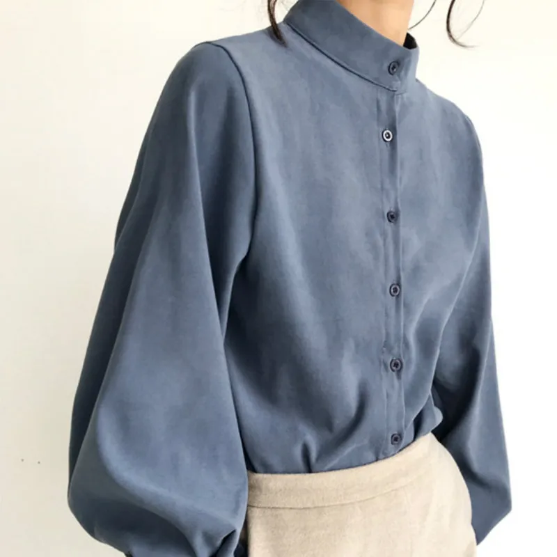 

New Fashion women blouse shirts lantern long sleeve Female shirts solid stand collar office blouse women's loose blouses tops