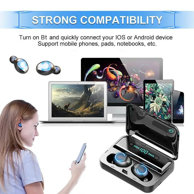 F9-8 Bluetooth 5.0 TWS Earphone Digital Display Headsets Touch Button LED Wireless Earphones True Earbuds Stereo Headphones | Электроника