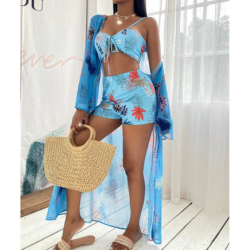 

3 предмета, костюмы, купальник, накидка, купальник с принтом листьев, женские купальные костюмы, летний комплект бикини, пляжная одежда с зап...