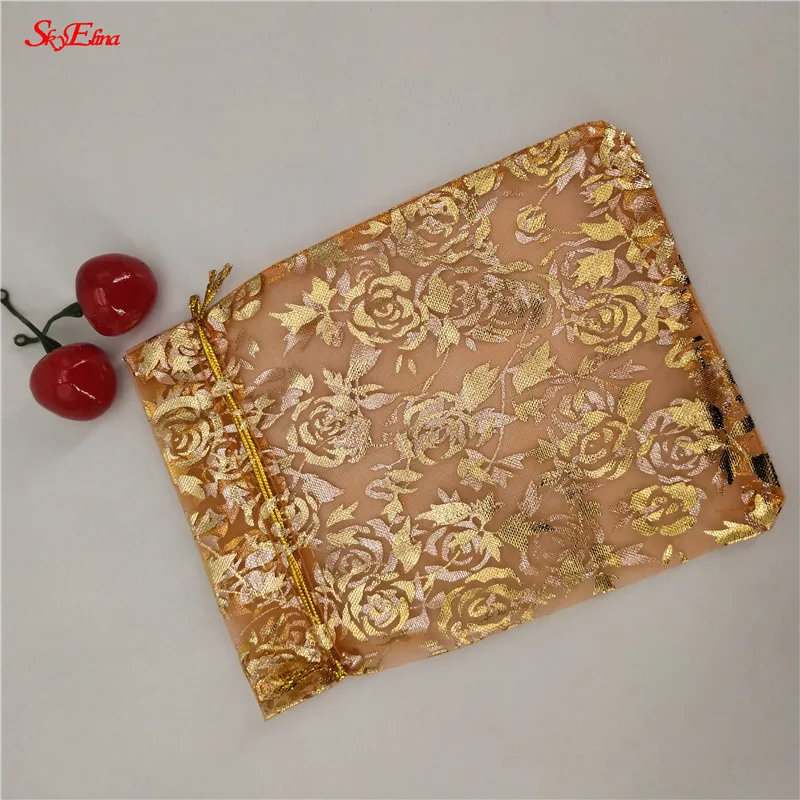 50 шт., 7x9, 9x12, 11x16, 13x18, 15x20, 20x30 см, позолоченные розы из органзы, ювелирные изделия, сумки для свадебной вечеринки, украшения, сувениры, сумки для подарков 5Z