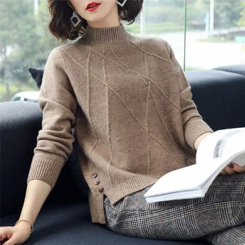 

Sweet Pink Women Turtleneck Sweaters Autumn Winter Long Sleeve Loose Pullover Jumper Button Split Knitted Tops .