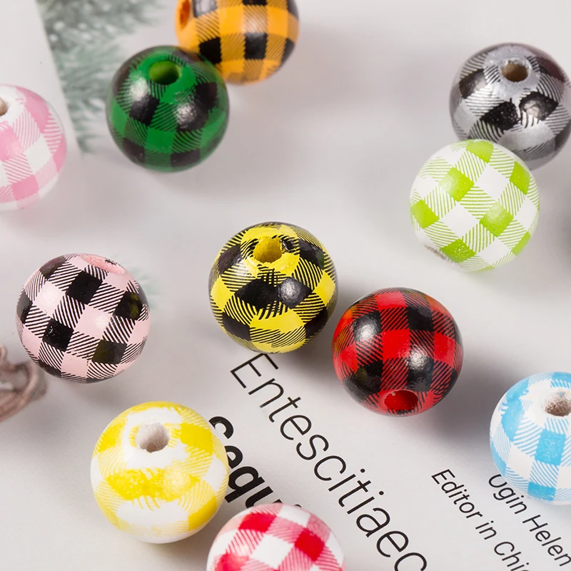 20 шт. деревянные разноцветные бусины в клетку и полоску