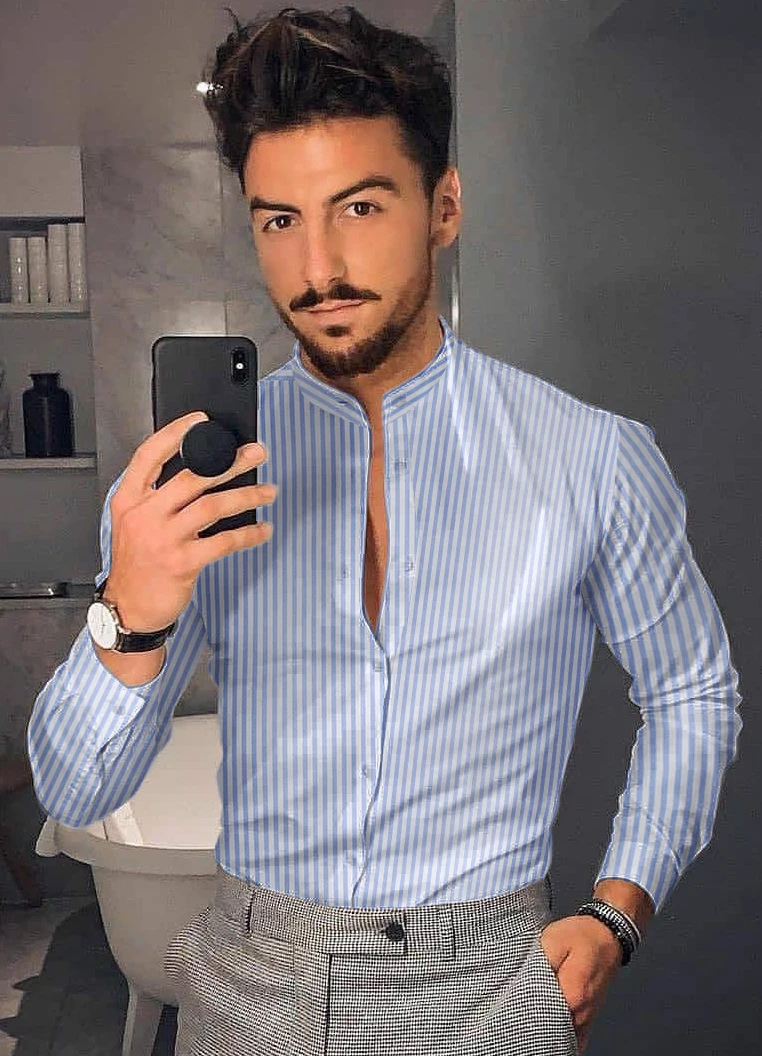 Men's Shirt New Hawaiian  Men Single Button Wild  Printed  Male Blouses  Long Sleeved Striped 2021