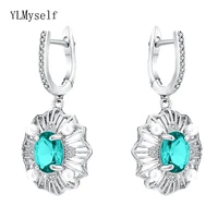 brass metal dangling earrings silver plate pave big oval blue zircon lotus leaf design trendy jewellery for women