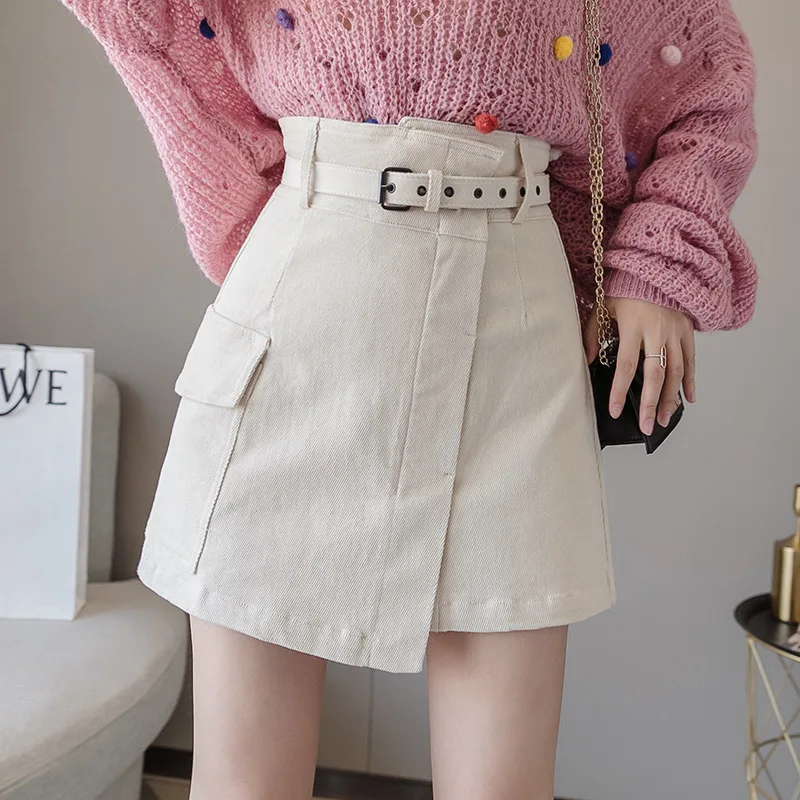 Beige Trytree Autumn Women Casual Empire Short Skirt 5 Colour A-line Fashion Elegant Pockets Button Belt Mini Office Lady Short Skirt - Color: Beige