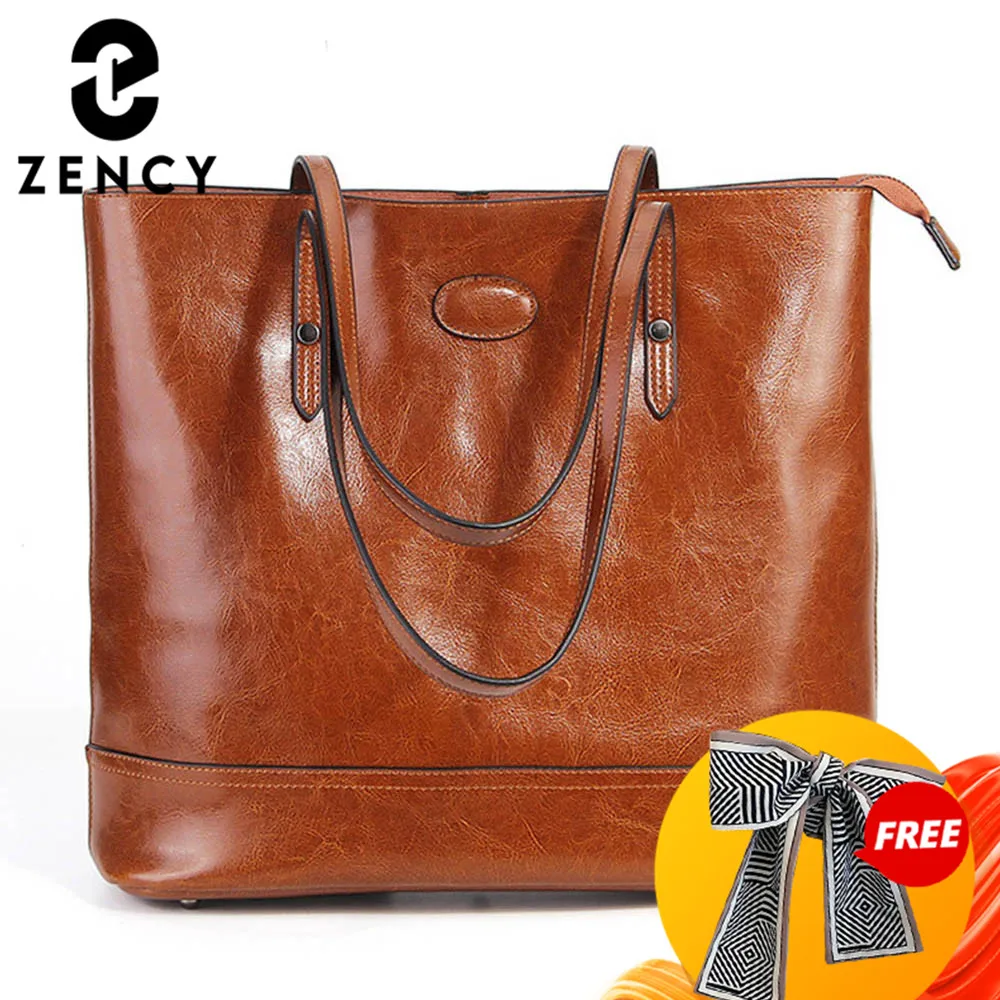 Zency 100% натуральная кожа модная коричневая Женская сумка на плечо большая
