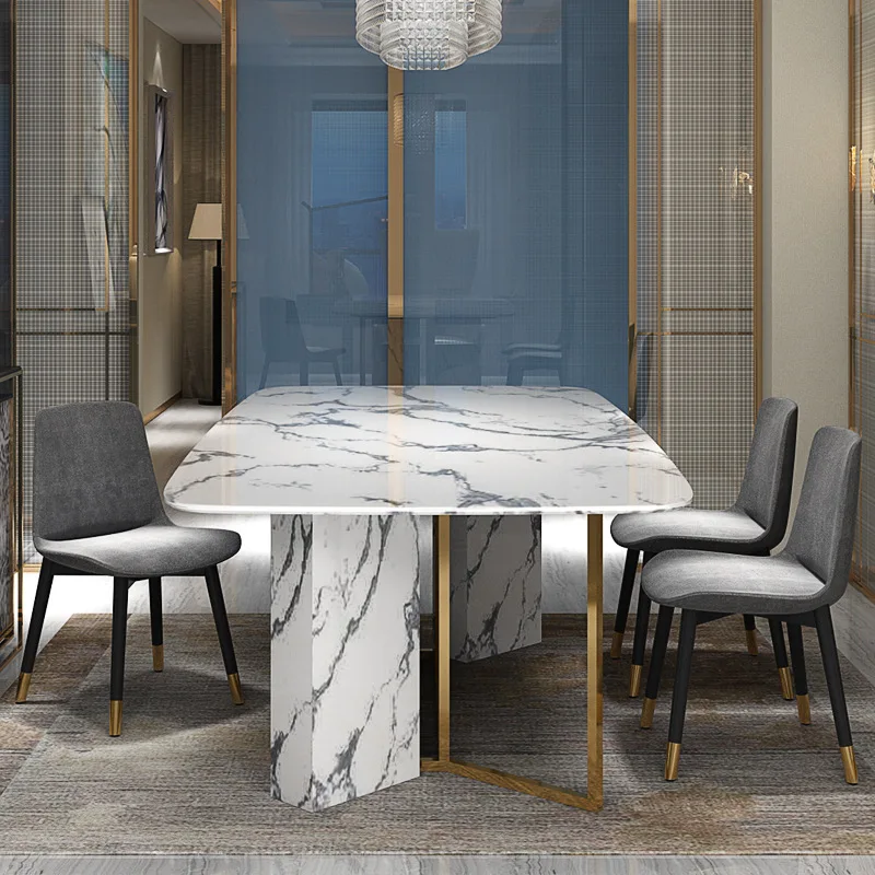 

Post-modern light luxury marble dining table Gold-plated stainless steel dining table and chair rectangle table