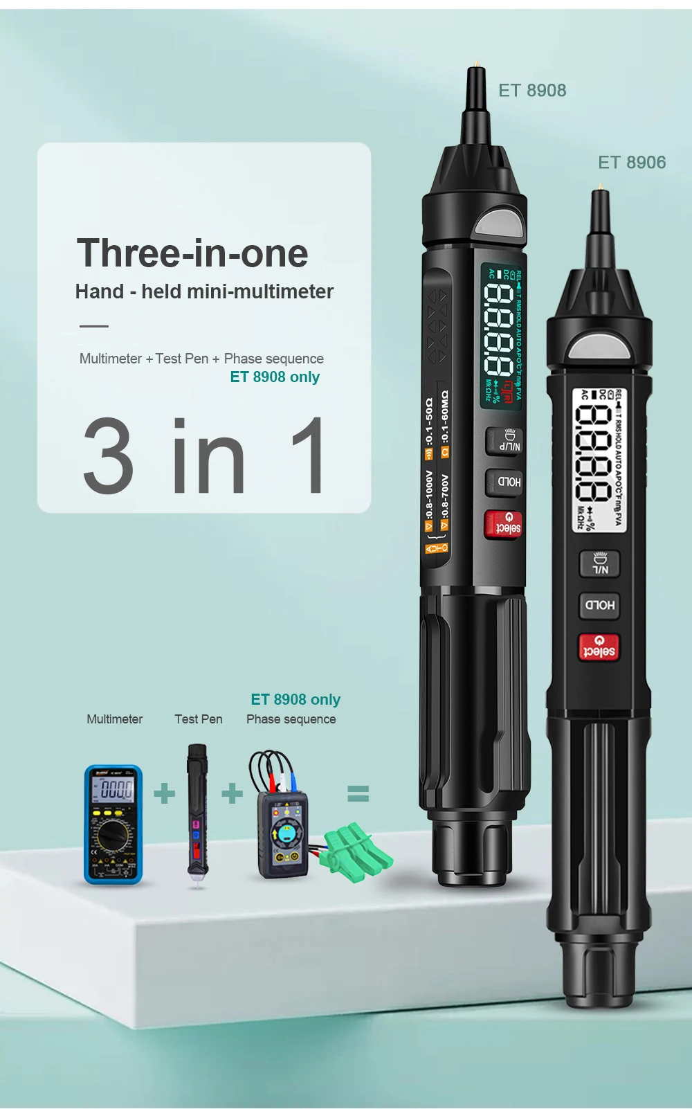 3 In 1 ET8906/ET8908 Pro True RMS Digital Multimeter profesional + Voltage Tester Pen +Phase Sequences Meter Voltmeter | Инструменты