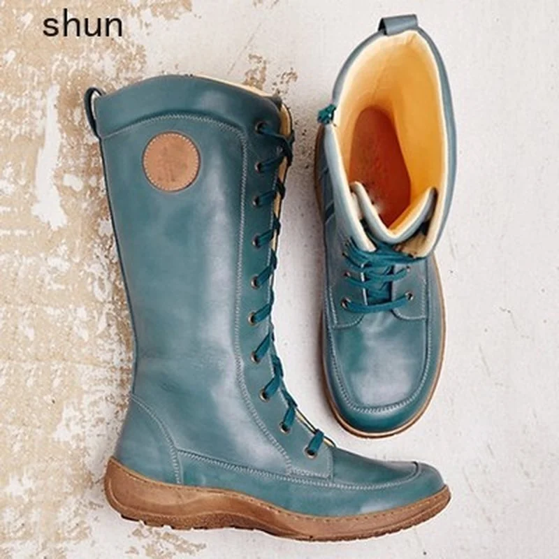 

Big Size 35-43 Pu Leather Women Long Boots Rubber Sewing Outdoors Women Snow Boots Plush Ladies Mid-calf Boots