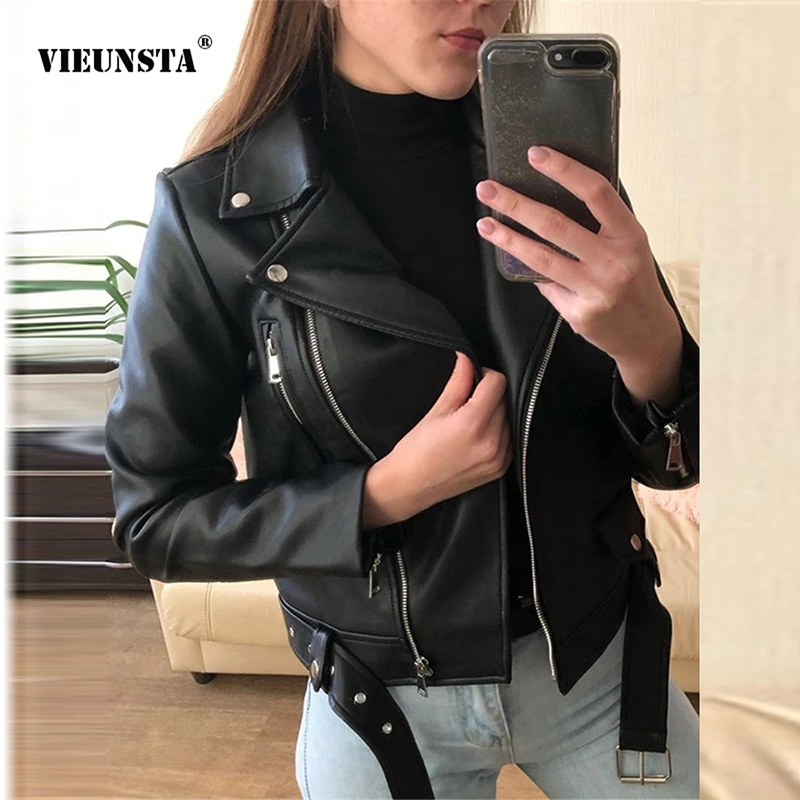 

VIEUNSTA Winter Women's Y2k Zipper Artificial Leather Jacket Lapel Long Sleeve Short Coat PU Motorcycle Clothing Slim Jacket 5XL
