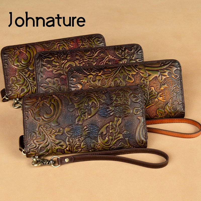 

Женские Длинные кошельки из натуральной кожи Johnature, большой винтажный бумажник-клатч из воловьей кожи с отделением для карт и рельефным тиснением, кошелек для телефона, 2022
