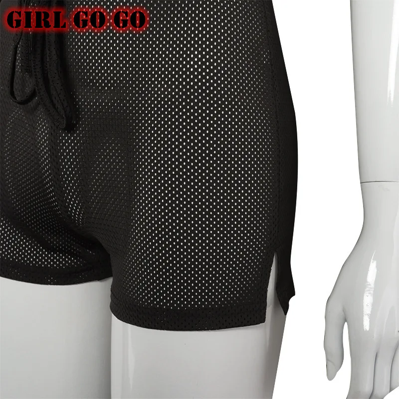 

2 piece set women sexy crop top vest biker shorts tracksuit sweat suit mesh hole hollow out see trough outfits fitness backless