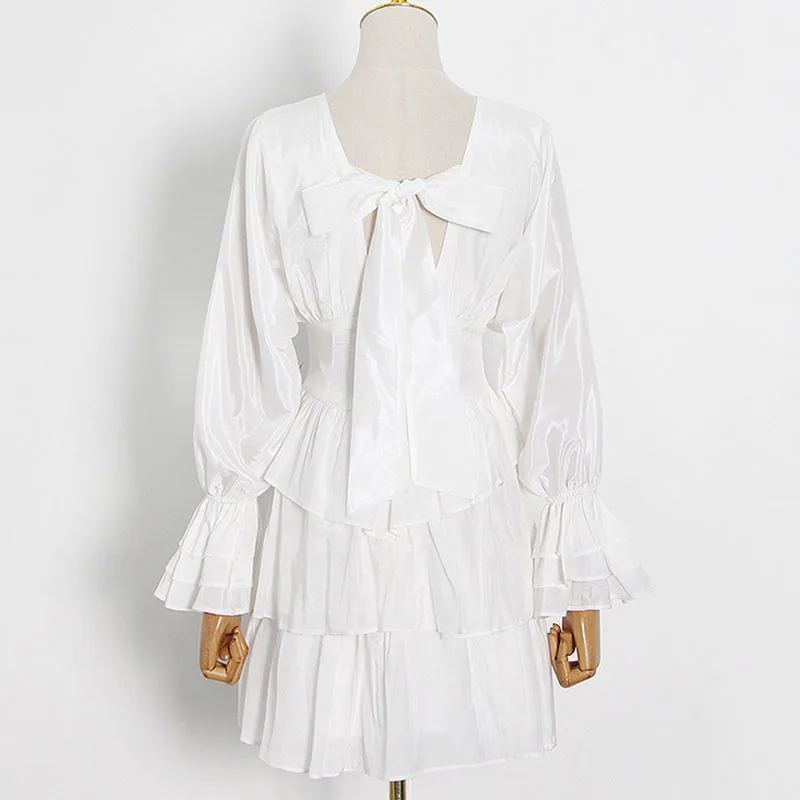 

SeeBeautiful Printed Loose Dress V-Neck Long Sleeve Ruffles Stitching High Waist Drawstring New Fashion 2021 Spring Women M940