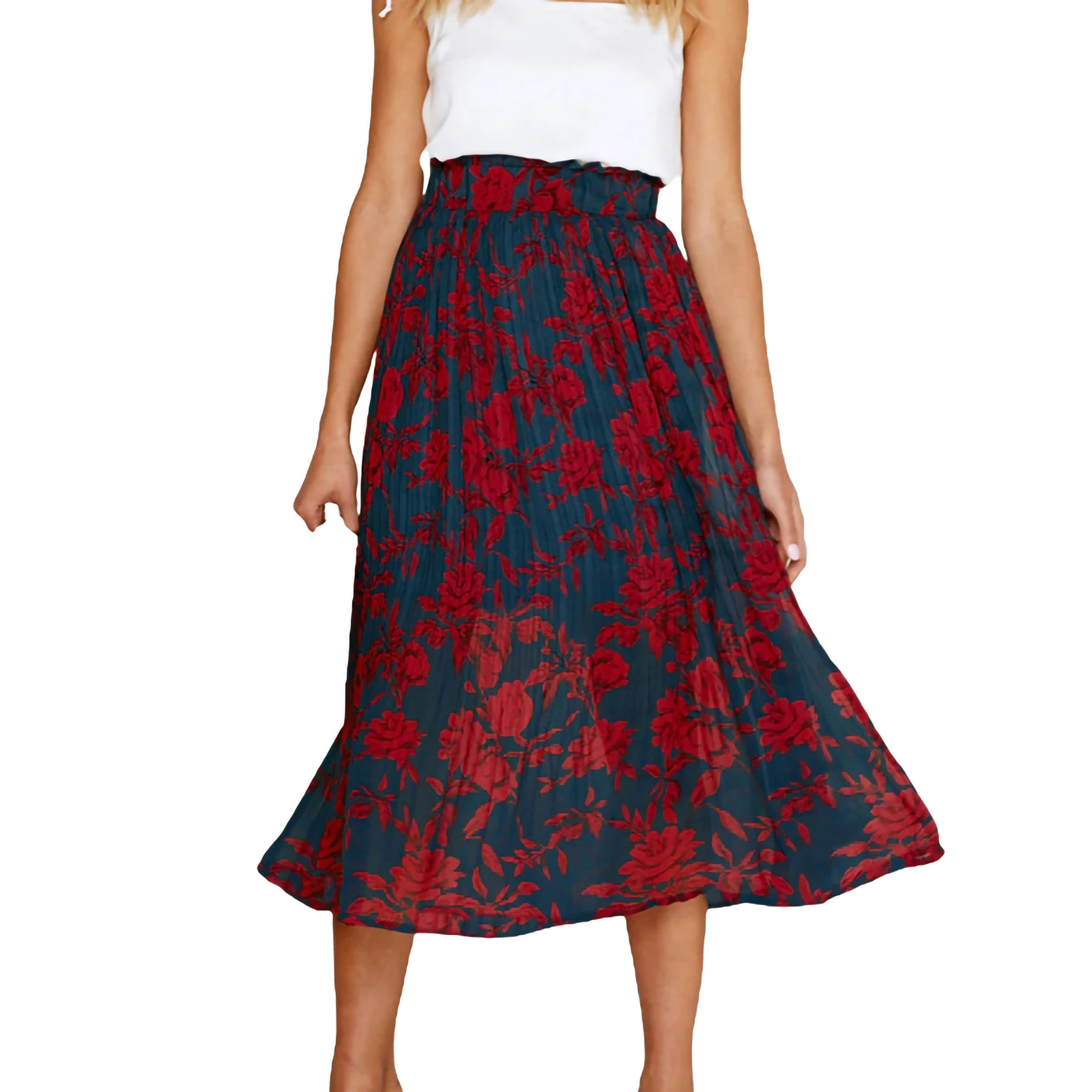 

Women's Fashionable Long Skirt Ladies Elastic Band Flower/Dot Print Pleated Casual A-Line Skirt