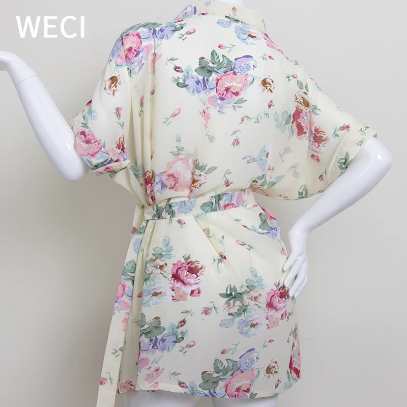 Женская летняя ночная рубашка WECI Пижама атласное кимоно шелковая пеньюар