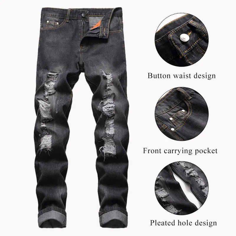 Мужские джинсы скинни CYSINCOS Прямые рваные в стиле хип-хоп с вышивкой | Мужская