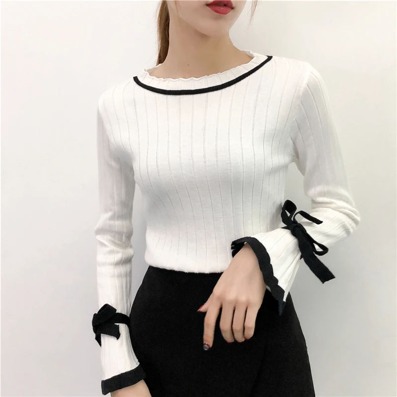Women Solid Pullover Winter Knitted Sweater Sweet O-Neck Slim Soft Female Flare Sleeve Fashion Ladies | Женская одежда