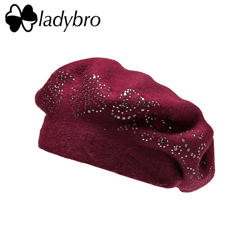 23502 Wine Red Ladybro, двухслойная, стразы, шерстяная шапка, женская, осень, зима, шапка, теплый берет, женская вязаная шапка, кепка boina, женский берет, шапка - Цвет: 23502 Wine Red