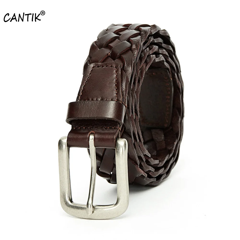 CANTIK New Design Top Quality Weaving Cowhide Leather Belts Alloy Pin Buckle Decorative Accessories for Women 3.5cm Width FCA033