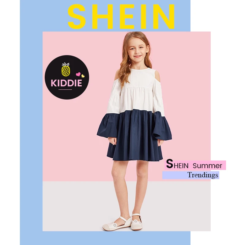 SHEIN Kiddie/многослойное платье с цветным блоком и открытыми плечами для девочек г., Осенний рукав-волан, трапециевидные платья для подростков