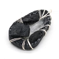 pendant natural stone irregular black crystal buds with silver wire charm for jewelry making necklace earring accessorie 35x55mm