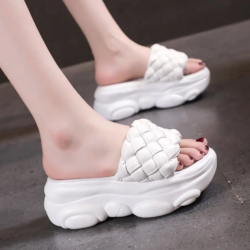 

Rimocy 2021 Summer Green Platform Slippers Women Thick Bottom Weave Casual Slides Woman Solid Color Beach Chunky Sandals Female