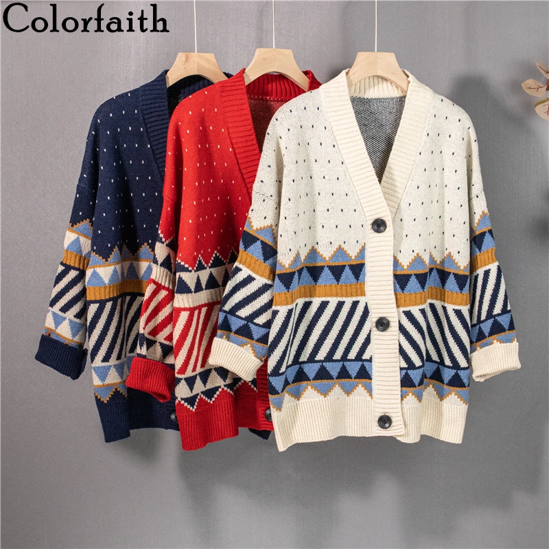 Colorfaith New 2021 Women's Autumn Winter Sweaters V-Neck Oversized Elegant Buttons Cardigans Checkered Vintage Tops SWC1377JX