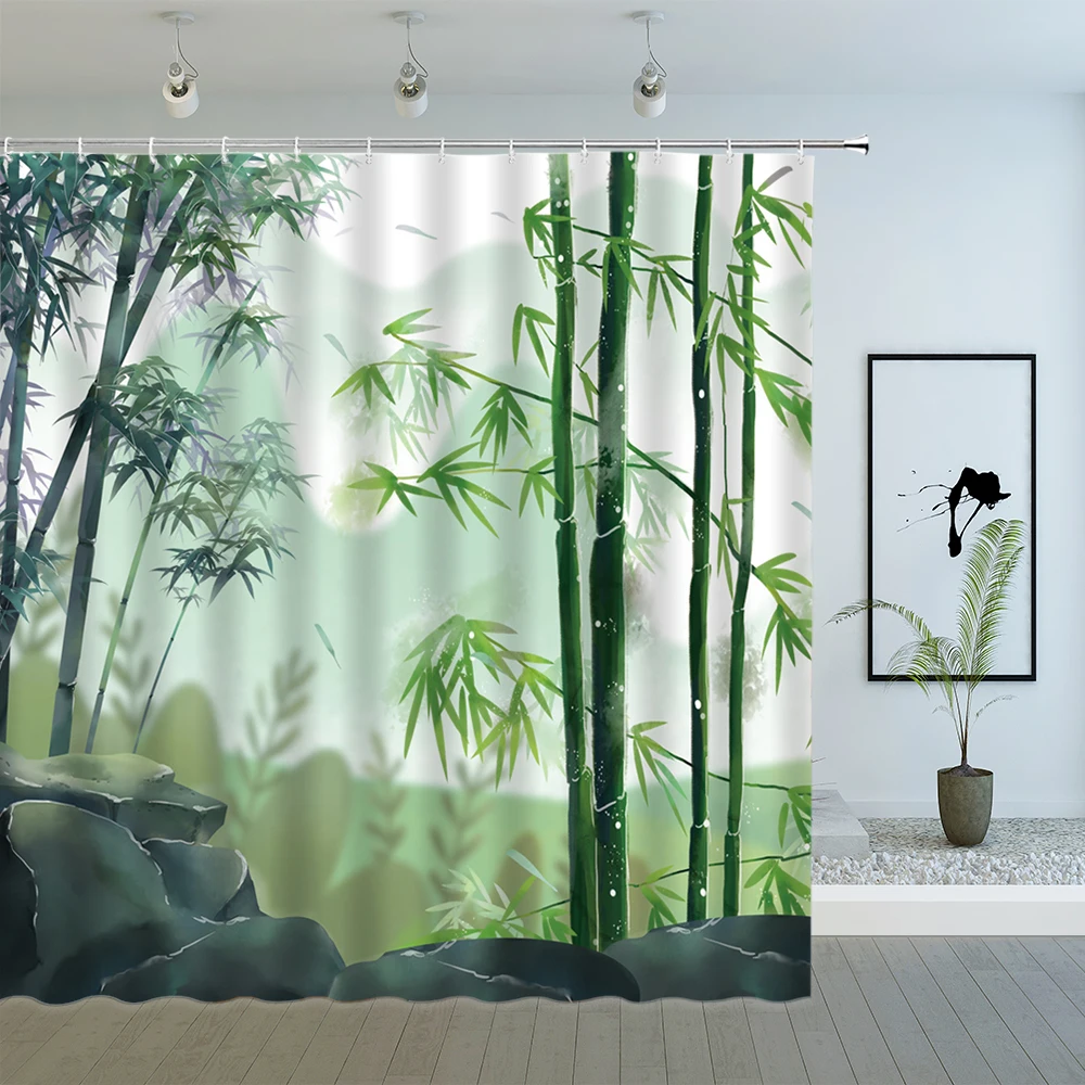 green bamboo shower curtains spring plant scenery bird butterfly koi leaf pattern zen garden bathroom decor cloth curtain set free global shipping