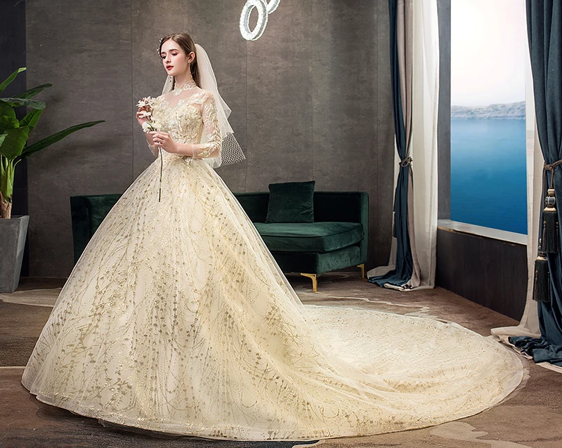 Gold Lace Muslim Wedding Dress With Big Train 2021 New High Neck Full Sleeve  Gown Vintage Bridal  X