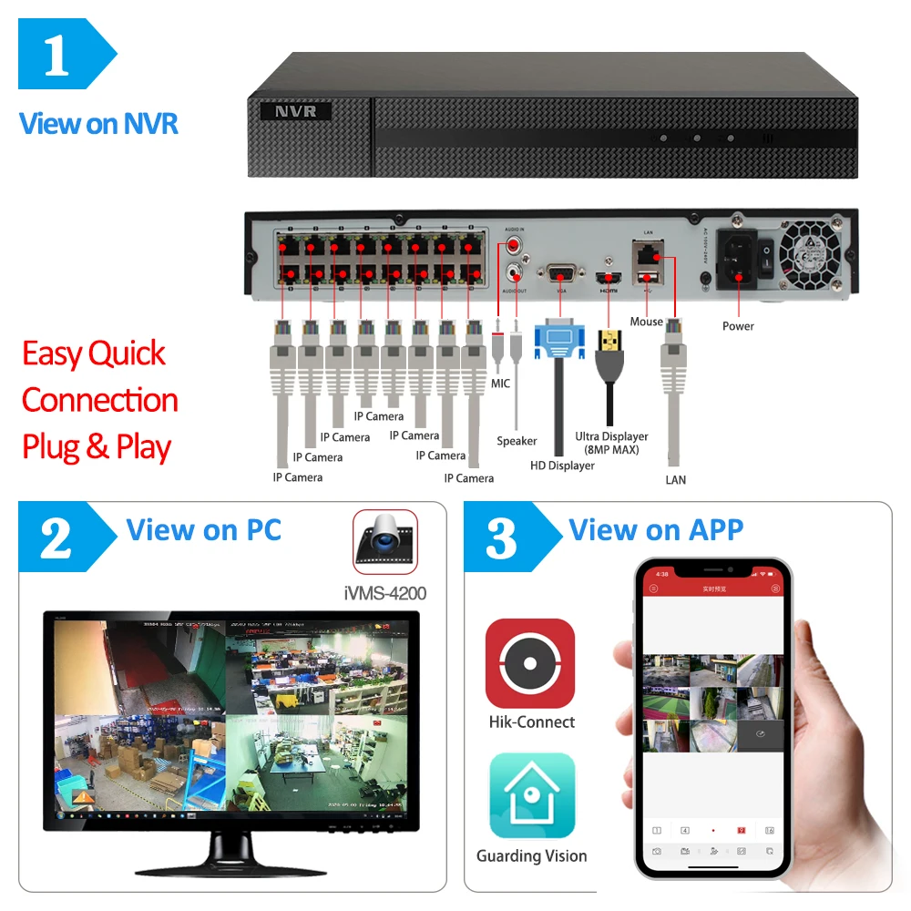 Сетевой видеорегистратор Hikvision OEM NVR Anpviz 4K 8 Мп 16 каналов H.265 + POE Hik Connect сетевое