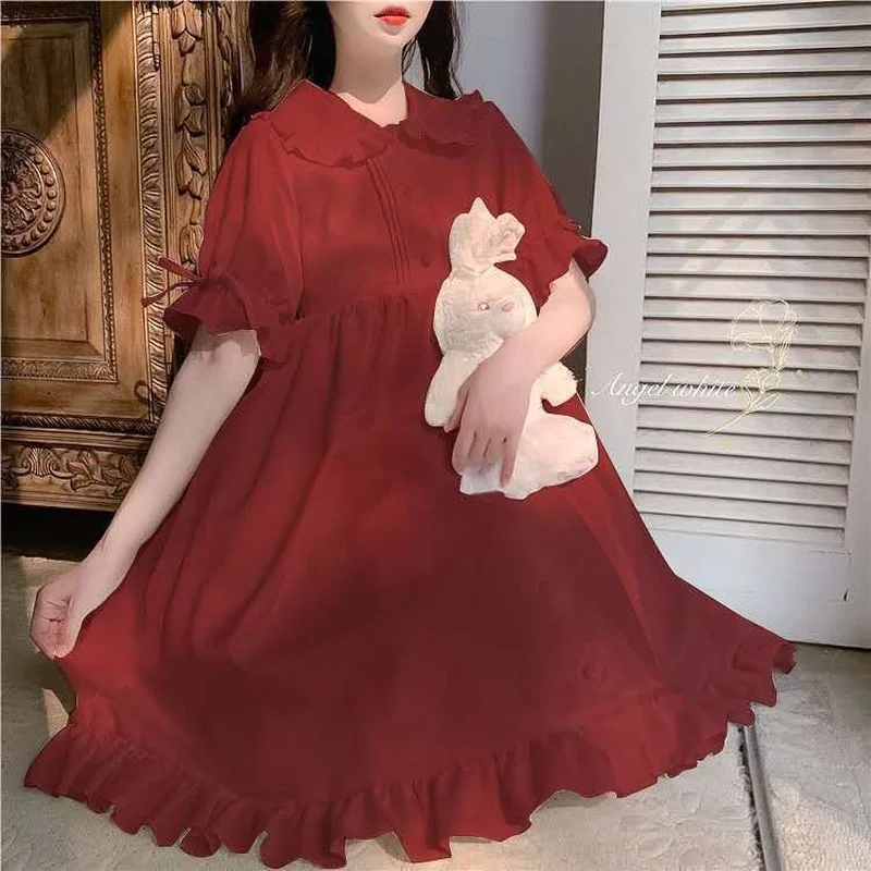 QWEEK Soft Girl Lolita Dress Kawaii Peter Pan Collar Cute Ruffle Puff Sleeve Black Pink Red Dress 2021 Summer Sundress Japanese
