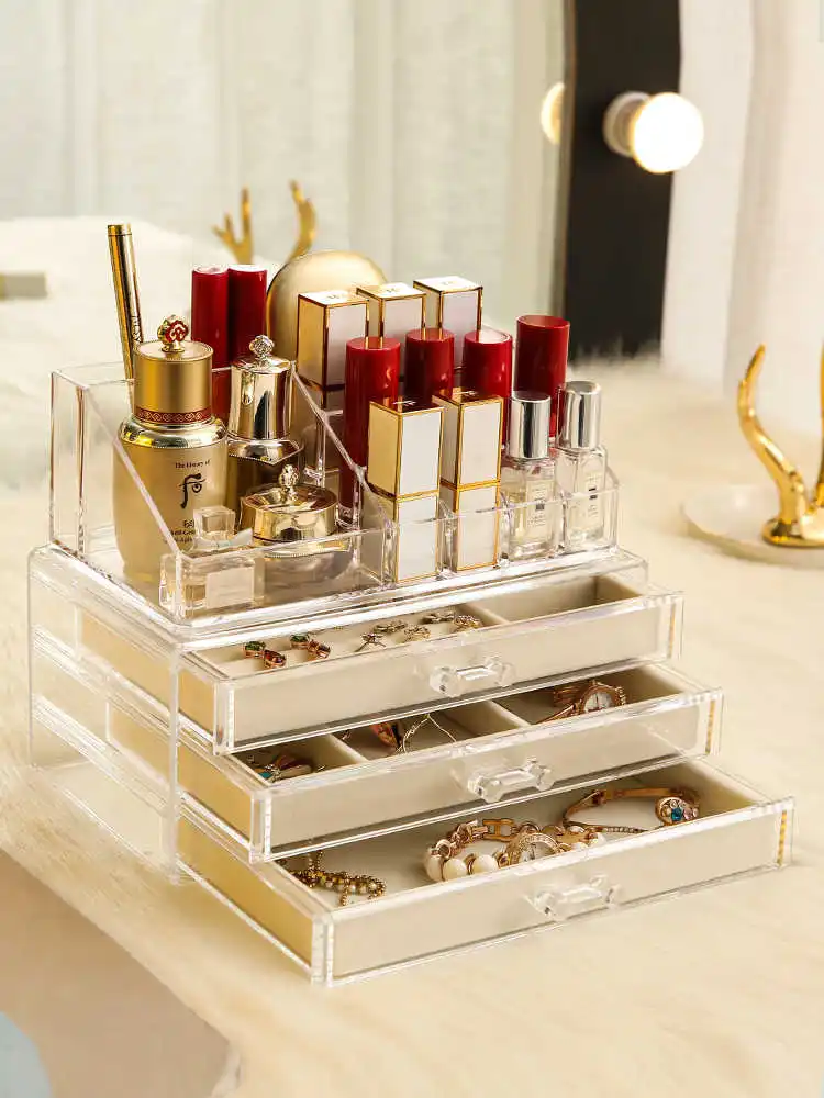 

Transparent Acrylic Jewelry Box layout 3 Layers Makeup Organizer Detachable 3 drawers jewellery Storage Drawer girl Gift Boxes